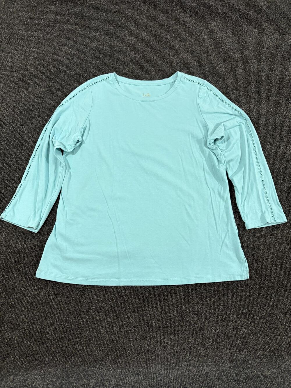 Belle By Kim Gravel Shirt Womens S Blue Crochet Trim 3/4 Sleeve T Shirt Casual